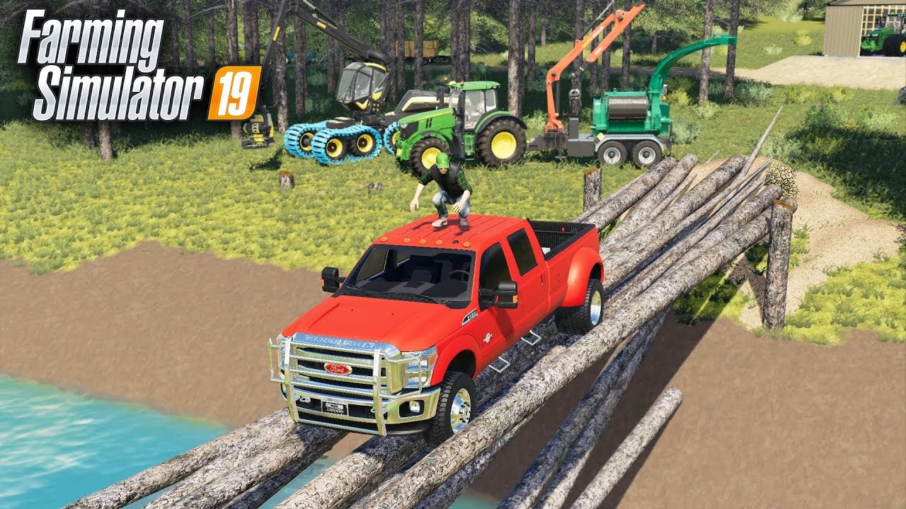 FS19- BUILDING A LOG BRIDGE- LAYING DOWN 65FT TREES TO FORM THE BRIDGE (IT WORKED)