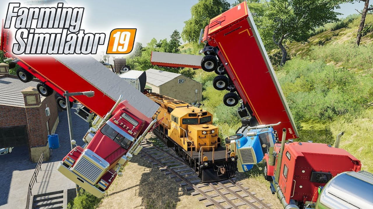 ЭКСПЕРИМЕНТ В  FARMING SIMULATOR 19!  СМОГУТ ЛИ 50 ГРУЗОВИКОВ ОСТАНОВИТЬ ПОЕЗД?