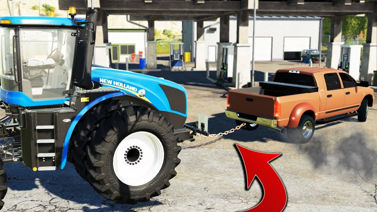 FS19- TOWING 4WD TRACTOR INTO GAS STATION (RAN OUT OF FUEL) | TOWING SERVICE