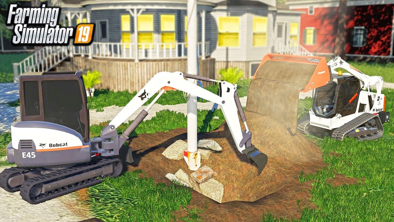 YARD EXCAVATION! DIGGING HOLE & INSTALLING AN AMERICAN FLAG POLE! | FARMING SIMULATOR 2019